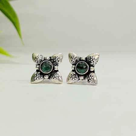 Oxidised Green Stone Flower 925 Sterling Silver Earring